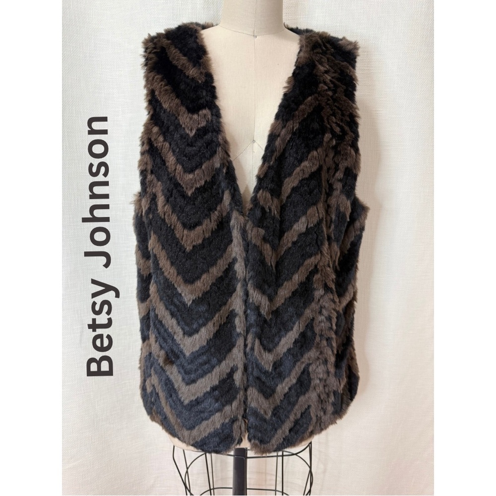 Betsey Johnson Faux Fur Chevron Vest Brown Black Open Front Sz L